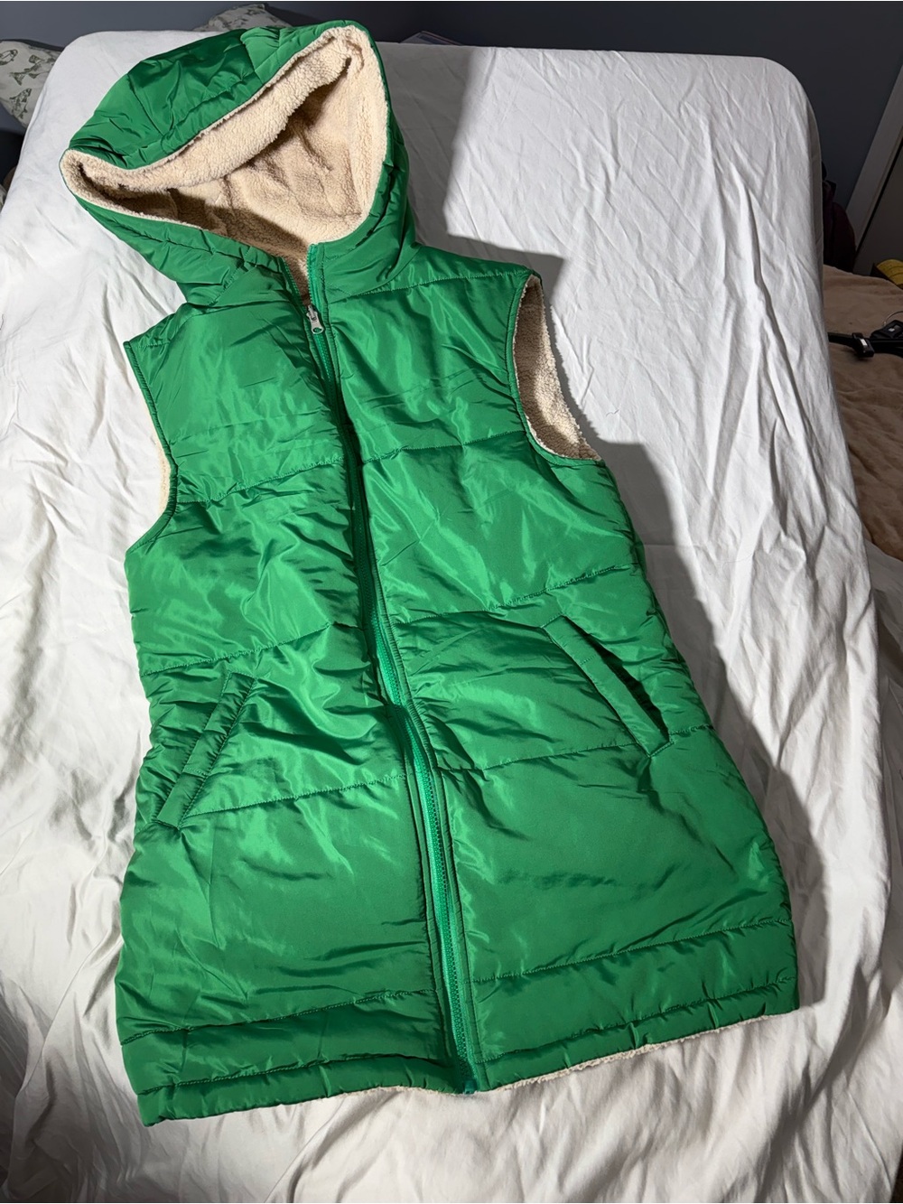 Women's Green Hooded Sherpa-Lined Puffer Vest